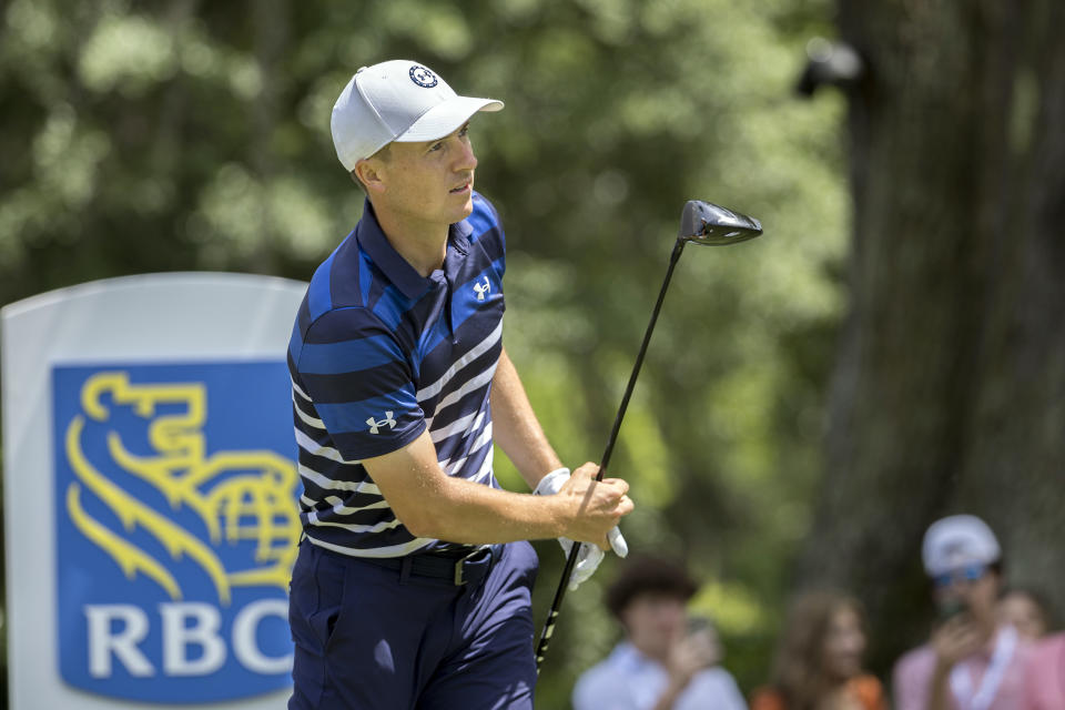 Jordan Spieth watches his drive off the third tee during the final round of the RBC Heritage golf tournament, Sunday, April 16, 2023, in Hilton Head Island, S.C. (AP Photo/Stephen B. Morton)