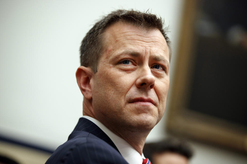 FILE - FBI Deputy Assistant Director Peter Strzok testifies before the House Committees on the Judiciary and Oversight and Government Reform during a hearing on Capitol Hill, July 12, 2018, in Washington. The Justice Department asked a judge Thursday, May 11, 2023, to put on hold a scheduled deposition of Donald Trump in a lawsuit brought by an FBI agent who was fired over text messages critical of the former president. The government said in a federal court filing that a judge should order lawyers for Peter Strzok to take the deposition of FBI Director Christopher Wray before they seek to question Trump. (AP Photo/Evan Vucci, File)