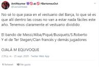 Algunos culés piensan que está ampliando aún más la división en el vestuario azulgrana. (Foto: Twitter / <a href="http://twitter.com/LeoSantidad/status/1309472697844486144" rel="nofollow noopener" target="_blank" data-ylk="slk:@LeoSantidad;elm:context_link;itc:0;sec:content-canvas" class="link ">@LeoSantidad</a>).