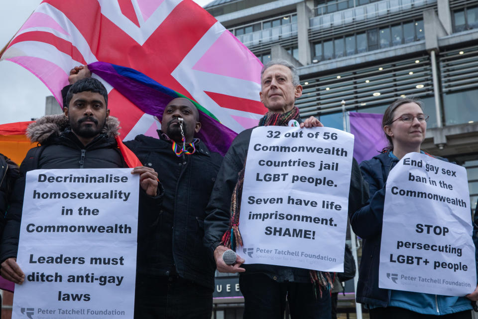 Peter Tatchell joins fellow LGBT+ campaigners from Out & Proud African LGBTI and African Equality Foundation at a protest opposite Westminster Abbey where King Charles III and Commonwealth leaders were attending a Commonwealth Day service on 13 March 2023 in London, United Kingdom. The protest, which was led by Ugandan LGBT+ people, was intended to highlight the fact that same-sex relations are still criminalised in 32 out of 56 Commonwealth member states (seven with life imprisonment) and to draw attention to Uganda's repressive Anti-Homosexuality Bill. (photo by Mark Kerrison/In Pictures via Getty Images)