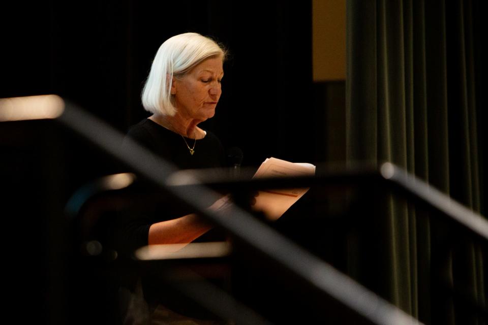 Janet Brocker, the Gila County district governing board president, answers questions during a town hall inside the Globe High School auditorium in Globe on Tuesday, July 25, 2023.