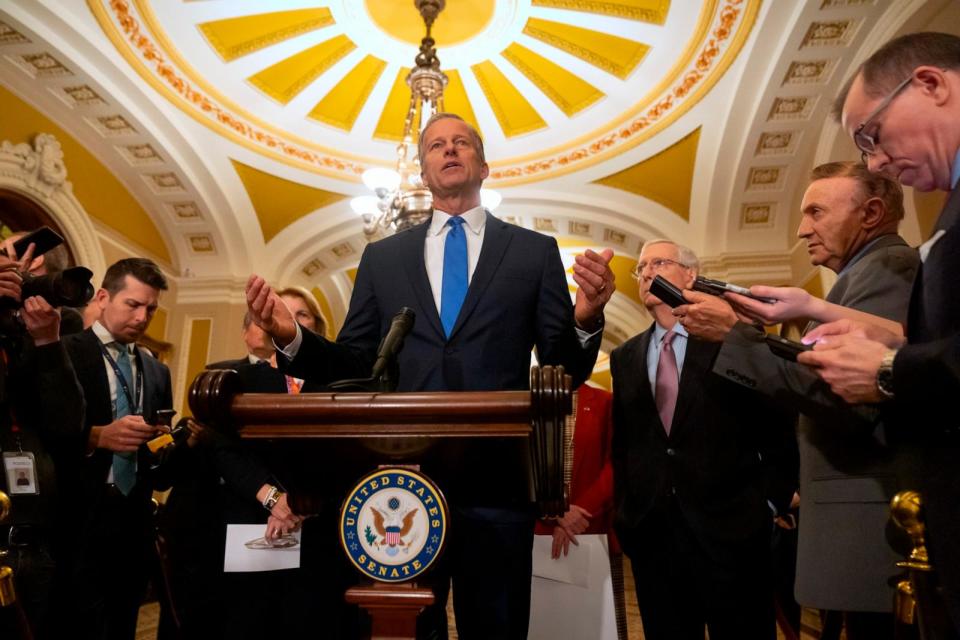 PHOTO: Sen. John Thune speaks after a policy luncheon on Capitol Hill, Feb. 27, 2024. (Mark Schiefelbein/AP)