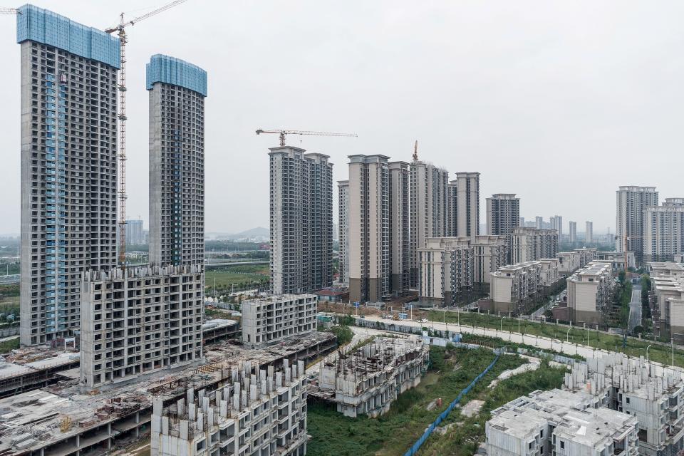 A housing complex under construction by Chinese property developer Evergrande is seen in Wuhan, in China's central Hubei province on September 28, 2023.