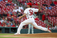 St. Louis Cardinals starting pitcher Miles Mikolas throws during the first inning of a baseball game against the Philadelphia Phillies, Monday, April 8, 2024, in St. Louis. (AP Photo/Scott Kane)