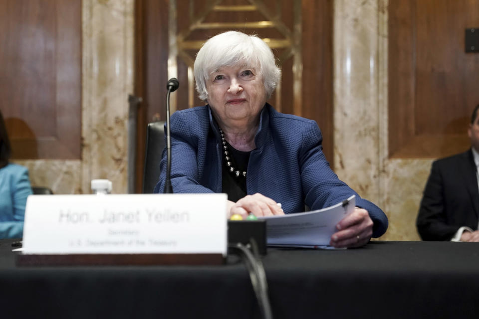 Treasury Secretary Janet Yellen testifies before a Senate Appropriations Subcommittee hearing to examine the FY 2022 budget request for the Treasury Department. Wednesday, June 23, 2021, on Capitol Hill in Washington (Greg Nash/Pool via AP)