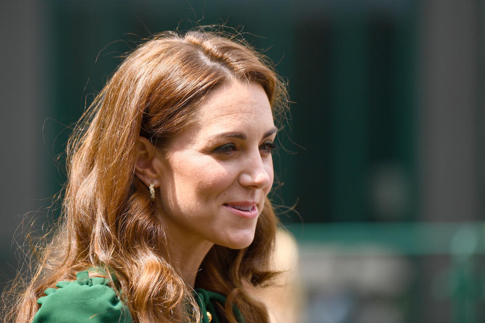 The Duchess of Cambridge meets junior players and staff ahead of the Women's Final on day twelve of the Wimbledon Championships at the All England Lawn Tennis and Croquet Club, Wimbledon.