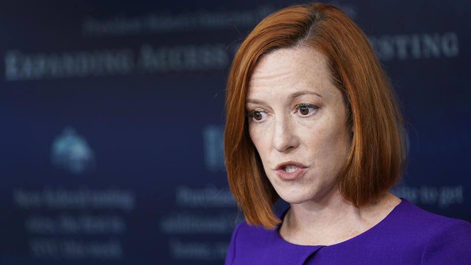 Press secretary Jen Psaki speaks at a White House briefing.