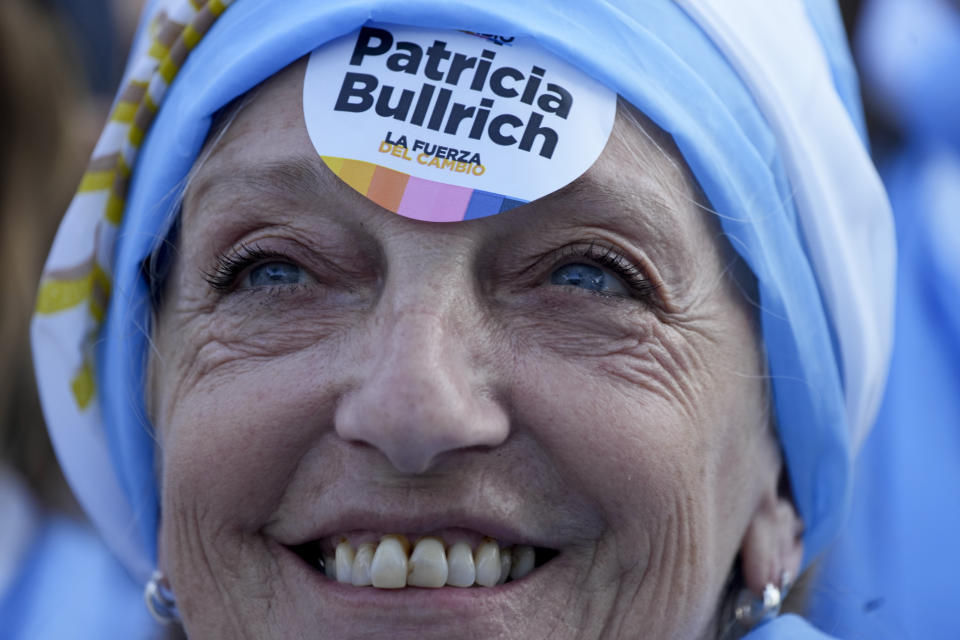A supportersof "Juntos por el Cambio" presidential candidate Patricia Bullrich listens to her during a campaign rally in Buenos Aires, Argentina Oct. 16, 2023. General elections are set for Oct. 22. (AP Photo/Natacha Pisarenko)