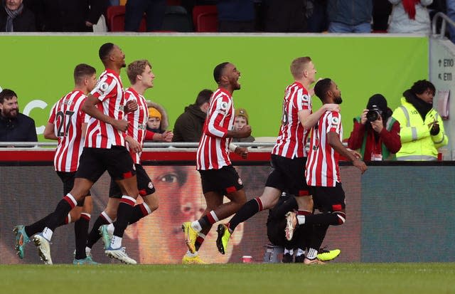 Brentford’s Ivan Toney, centre, celebrates a goal with team-mates