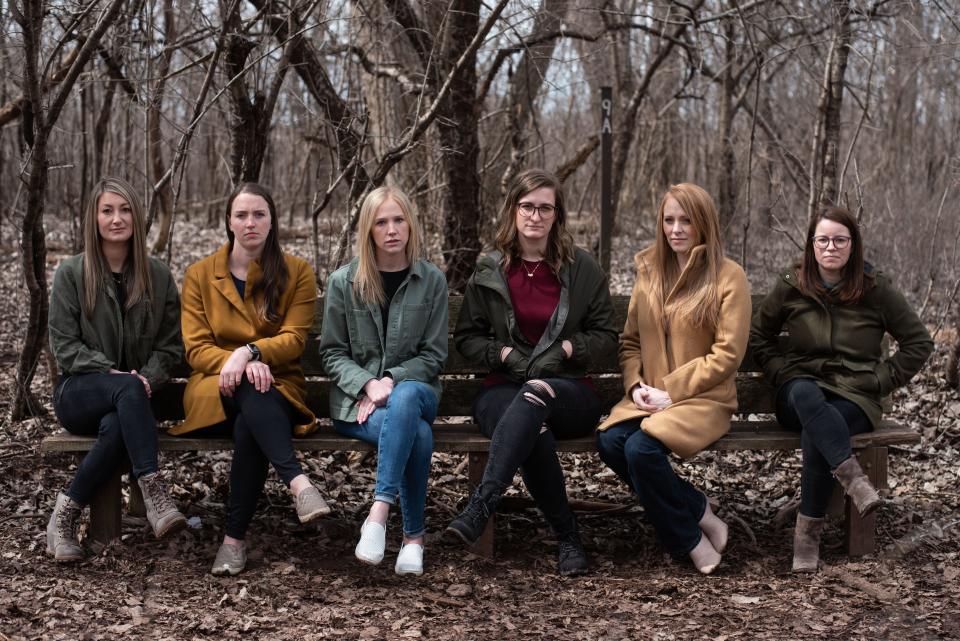 More than 16 women across the country have alleged Wayne Aarum's physical and verbal behavior toward them at either The Chapel or Circle C Ranch from the late 1990s onward was inappropriate and abusive. Six of them were photographed together in Buffalo on April 3, 2021. From left are Ashley Scibilia, Rachel Horvath, Jessica Spiesz, Carolyn McDonald, Joy McCullough and Michelle Poulsen.