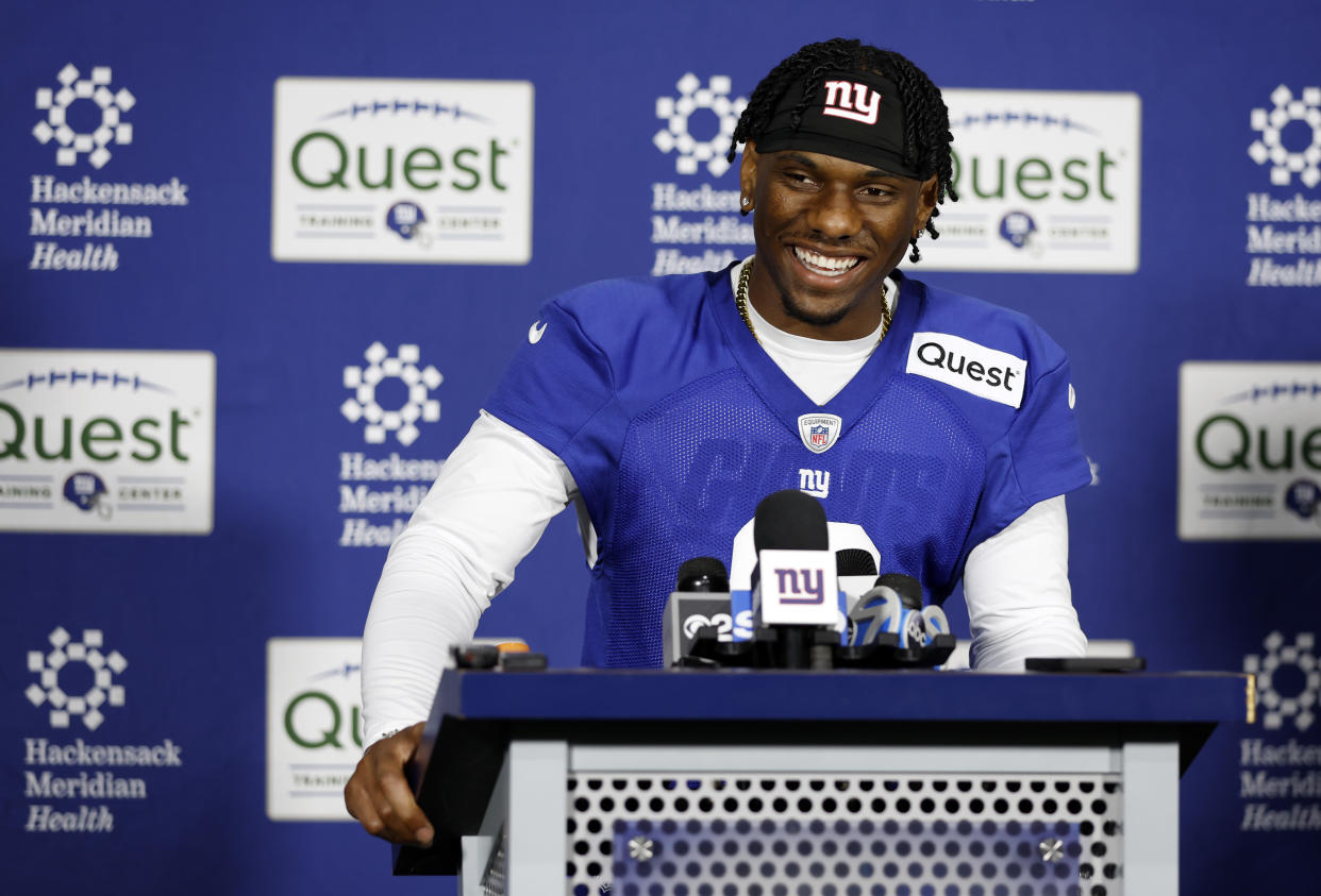 EAST RUTHERFORD, NEW JERSEY - MAY 10: Wide receiver Malik Nabers speaks to the media during New York Giants Rookie Minicamp at Quest Diagnostics Training Center on May 10, 2024 in East Rutherford, New Jersey. (Photo by Sarah Stier/Getty Images)