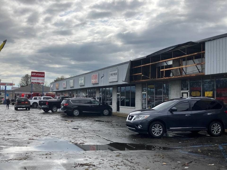 Severe storms in Lexington on April 2, 2024, caused damage to a strip mall on Versailles Road. Additional severe storms are expected in the area on Tuesday afternoon and evening. Beth Musgrave/bmusgrave@herald-leader.com