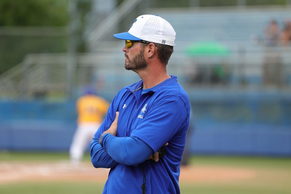 Tallahassee Community College baseball head coach Bryan Henry looks on during Sophomore Day game against Pensacola State College at Eagle Field in Tallahassee Florida, Wednesday, April 26, 2023