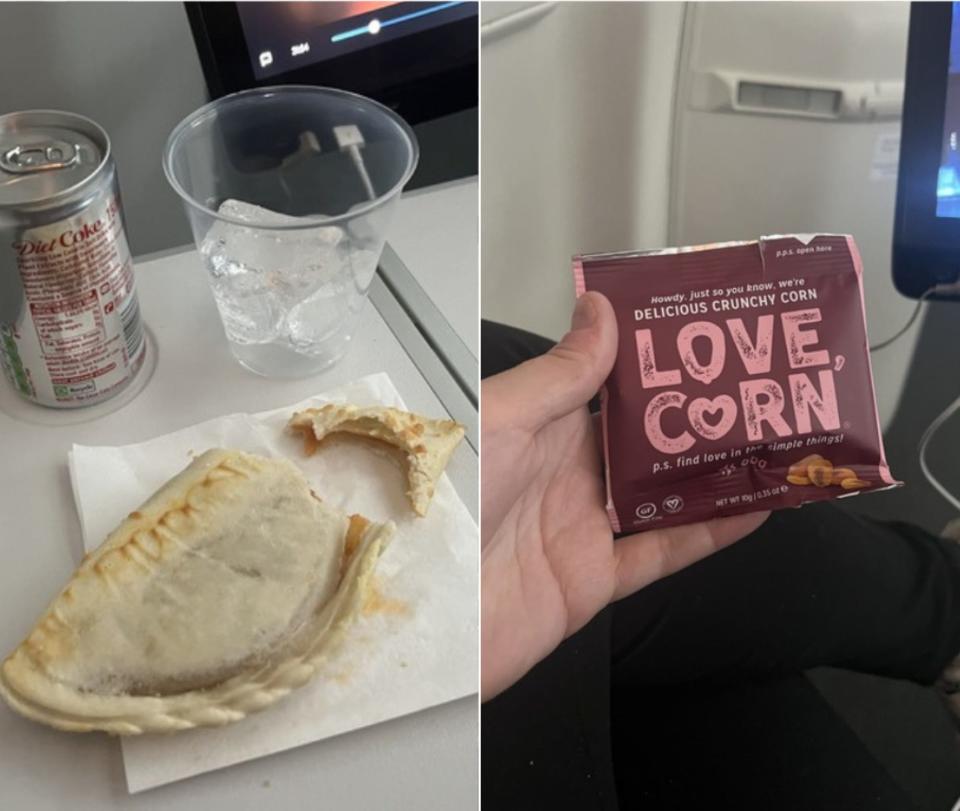 Collage of pastry with Diet Coke and the corn nut snack.