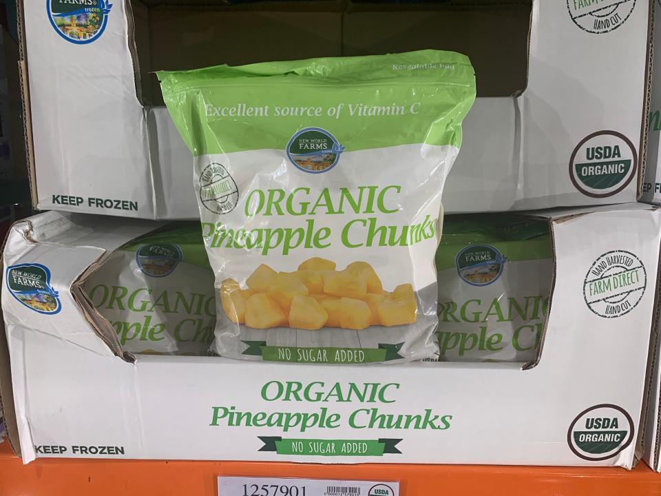 bag of frozen pineapple chunks in the freezer aisle at costco