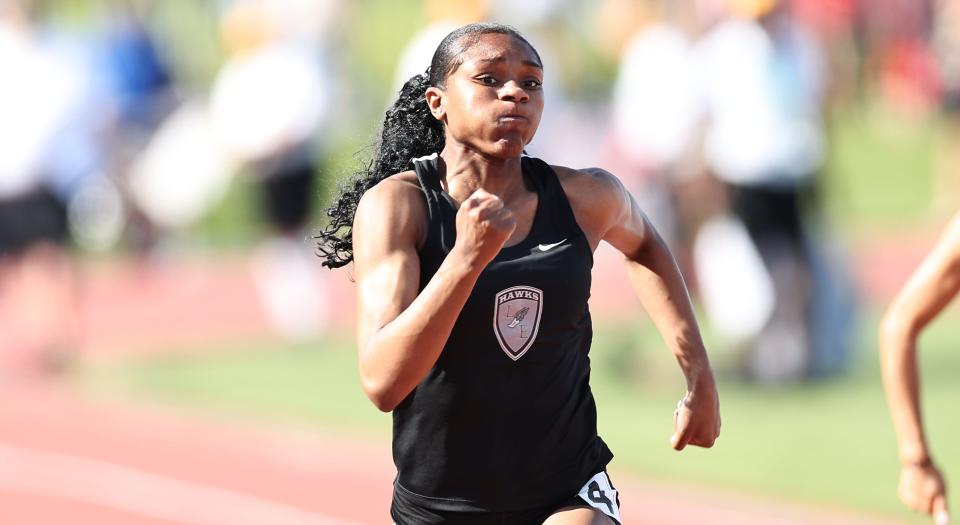 Lakota East's Azariyah Bryant competes in the 100-meter dash at the OHSAA state track meet at Jesse Owens Memorial Stadium, Friday, June 3, 2022.