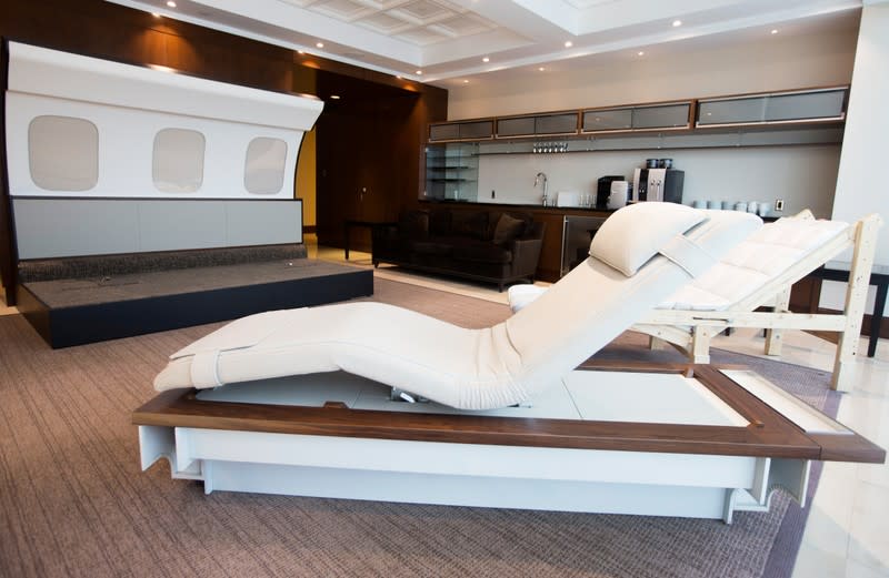 Prototypes of chaise lounge for Bombardier's Global 7500, the first business jet to have a queen-sized bed and hot shower, is shown during a media tour in Montreal
