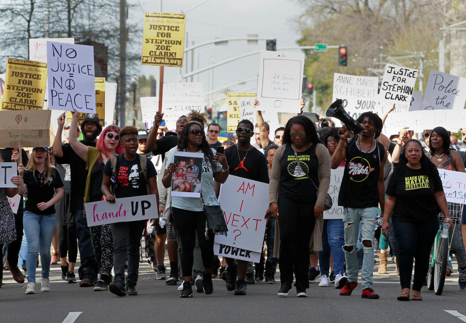 <p>Protesters march downtown after the funeral of police shooting victim Stephon Clark, in Sacramento, Calif., March 29, 2018. (Photo: Bob Strong/Reuters) </p>