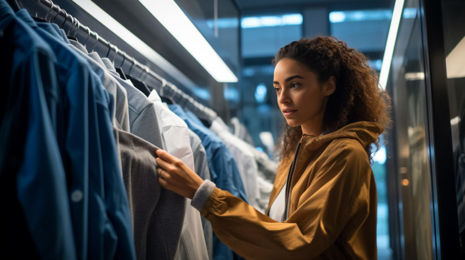 A close-up of a customer trying on a piece of apparel in the retailer's spacious dressing room, emphasizing the company's focus on personal care and experience.