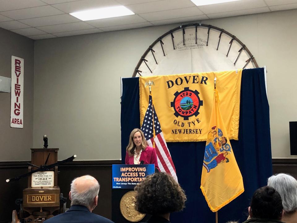 Congresswoman Mikie Sherrill speaks at a news conference announcing funding to incentivize mass transit use at the Dover Fire Department Antique Club on North Sussex Street in Dover Monday, Dec. 12, 2022.