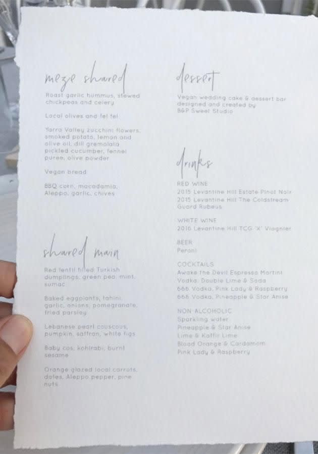 The menu included vegan wine. Photo: Instagram
