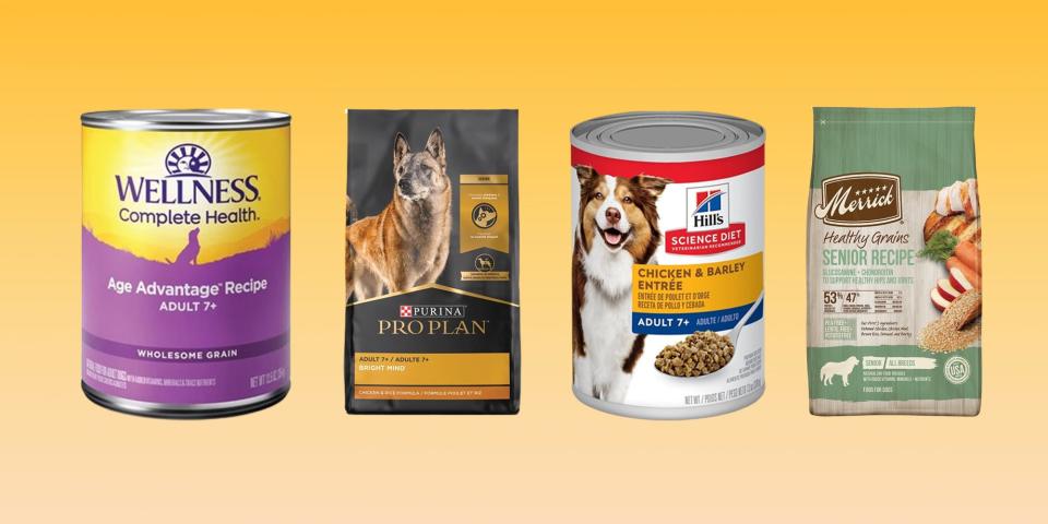 A yellow background is behind a can of Wellness senior dog food, a bag of Purina dog food, a can of Hill's wet food for seniors, and a bag of Merrick dry senior food.