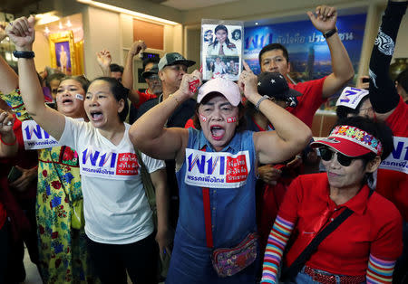 Supporters of Pheu Thai Party react after unofficial results, during the general election in Bangkok, Thailand, March 24, 2019. REUTERS/Athit Perawongmetha