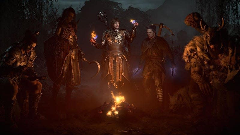 Diablo IV characters wait to celebrate their new corporate overlords over a fire. 