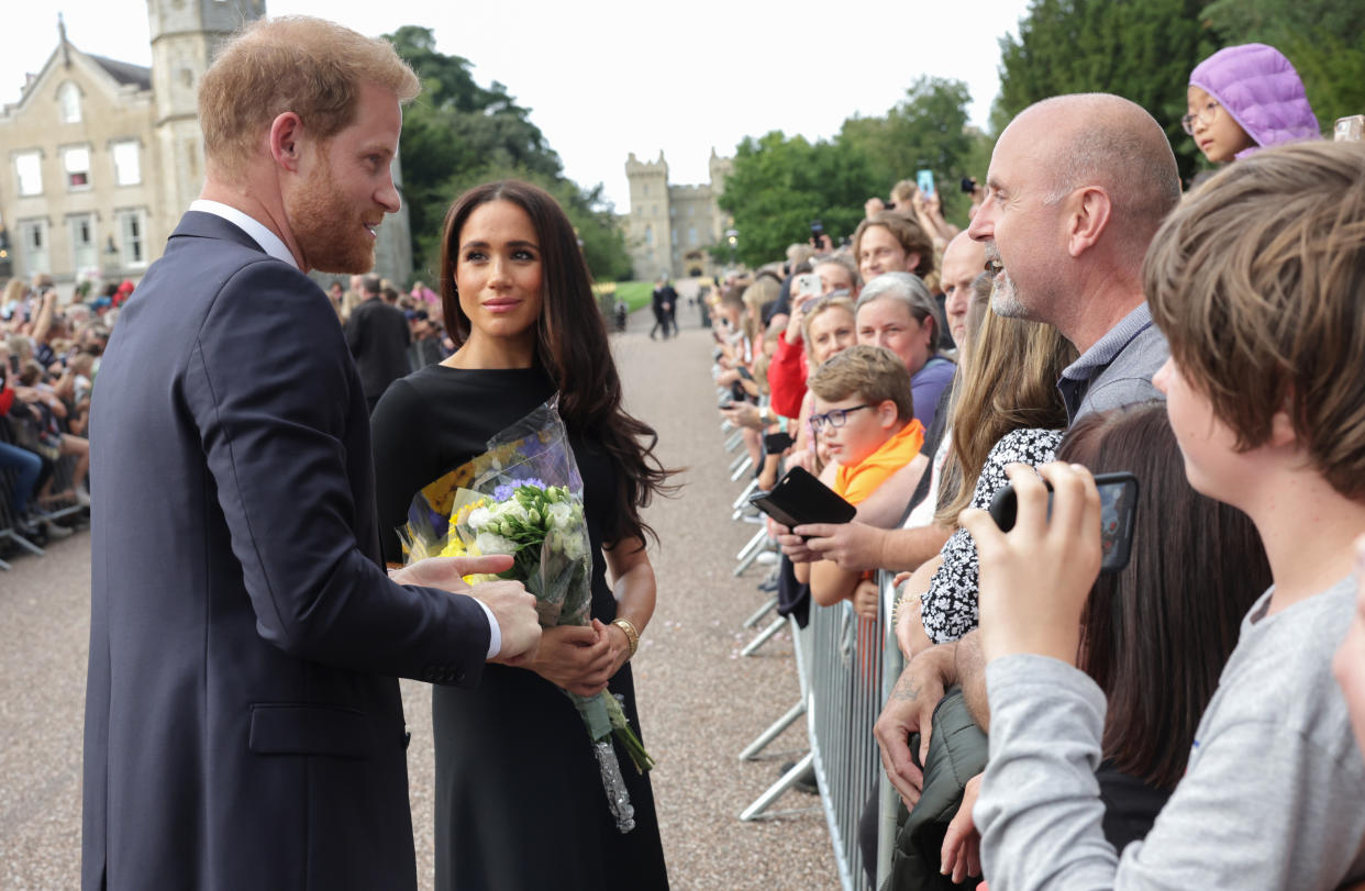 The Duke and Duchess of Sussex meeting members of the public at Windsor Castle in Berkshire following the death of Queen Elizabeth II on Thursday. Picture date: Saturday September 10, 2022.