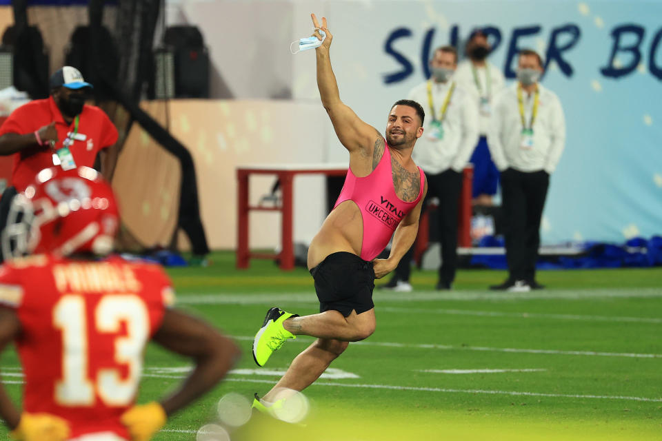 The man ran onto the field before victory was declared for the Tampa Bay Buccaneers. (Photo: Mike Ehrmann via Getty Images)