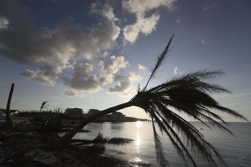 A bent palm tree is silhouetted against a setting sun, in the aftermath of Hurricane Dorian in Marsh Harbor, Abaco Island, Bahamas, Saturday, Sept. 7, 2019. The Bahamian health ministry said helicopters and boats are on the way to help people in affected areas, though officials warned of delays because of severe flooding and limited access.((AP Photo/Fernando Llano)