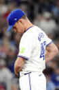 Toronto Blue Jays pitcher Chris Bassitt (40) reacts on the mound during the first inning of a baseball game against the Kansas City Royals in Toronto, Wednesday, May 1, 2024. (Chris Young/The Canadian Press via AP)