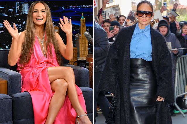 <p>Jason Howard/Bauer-Griffin/GC Images;Todd Owyoung/NBC via Getty</p> Jennifer Lopez shines in a neon pink dress on "The Tonight Show Starring Jimmy Fallon" (left) and a sexy skirt suit (right)