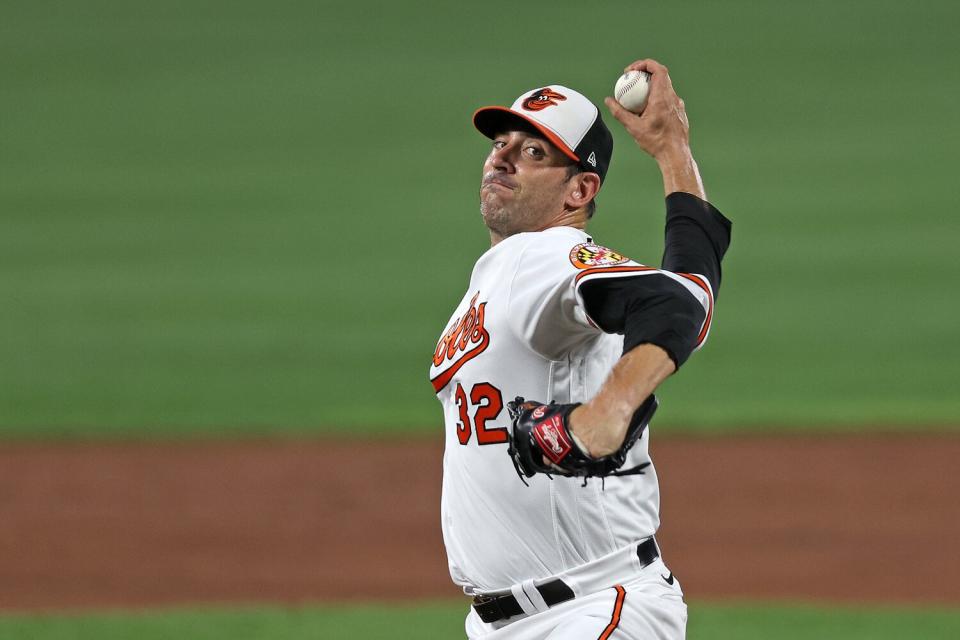 Starting pitcher Matt Harvey #32 of the Baltimore Orioles throws to a Kansas City Royals batter at Oriole Park at Camden Yards on September 08, 2021 in Baltimore, Maryland.