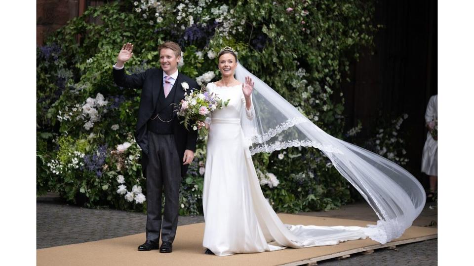 Hugh Grosvenor, Duke of Westminster and Olivia Grosvenor, Duchess of Westminster depart after their wedding ceremony