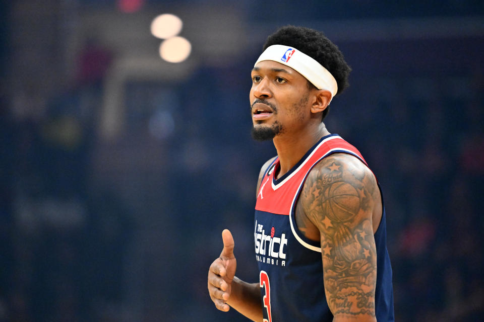 CLEVELAND, OHIO - MARCH 17: Bradley Beal #3 of the Washington Wizards communicates with a teammate during the first half against the Cleveland Cavaliers at Rocket Mortgage Fieldhouse on March 17, 2023 in Cleveland, Ohio. NOTE TO USER: User expressly acknowledges and agrees that, by downloading and or using this photograph, User is consenting to the terms and conditions of the Getty Images License Agreement. (Photo by Jason Miller/Getty Images)