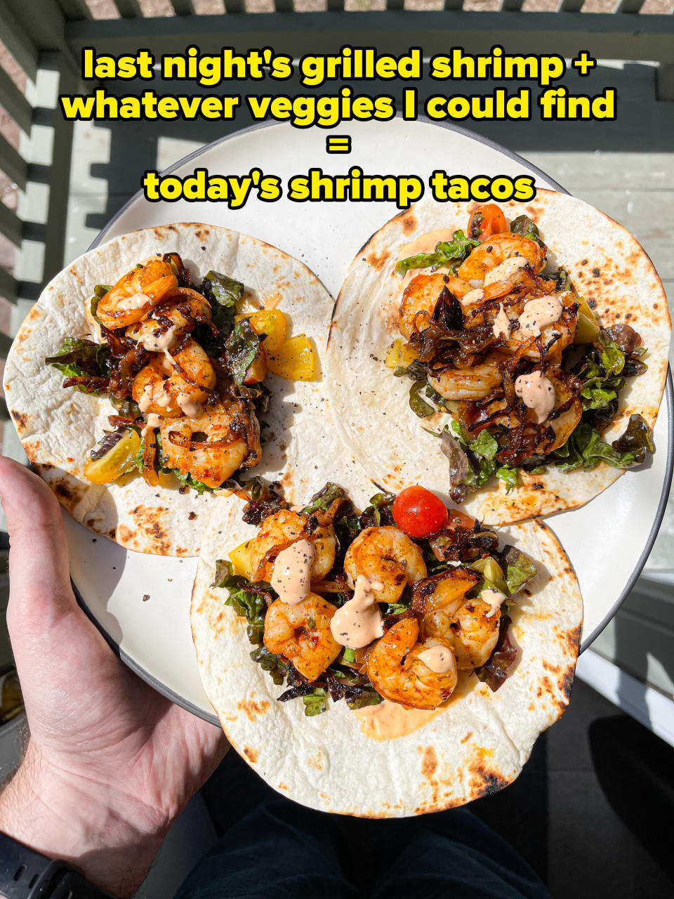 last night's grilled shrimp + whatever veggies I could find = today's shrimp tacos