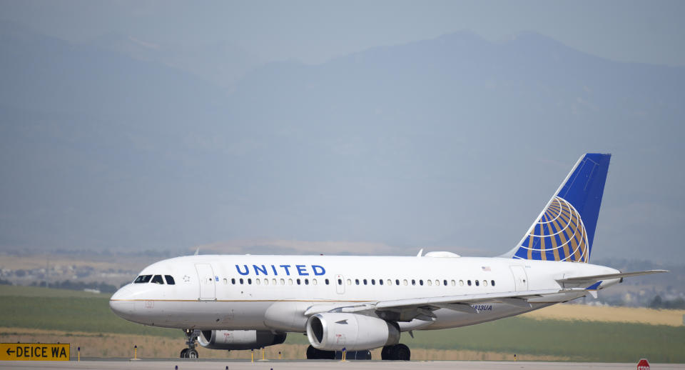 A United Airlines jetliner taxis at Denver International Airport Tuesday, Aug. 24, 2021, in Denver. (AP Photo/David Zalubowski)