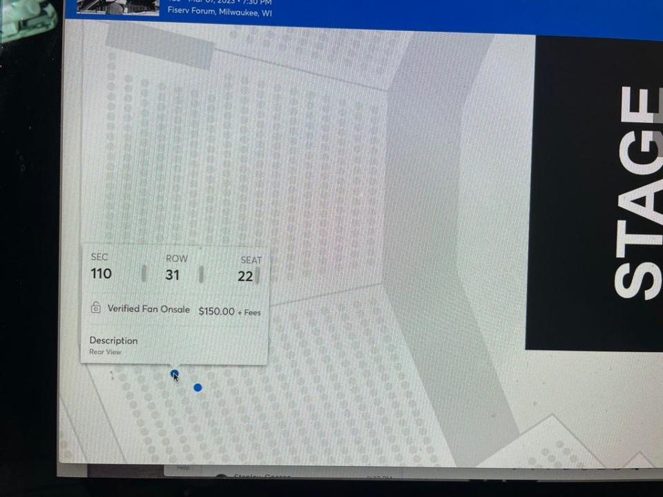 A screen grab of the Ticketmaster page for the Bruce Springsteen and the E Street Band show at Fiserv Forum on March 7 shows one ticket, positioned 31 rows up behind the stage, going for $150, without fees.