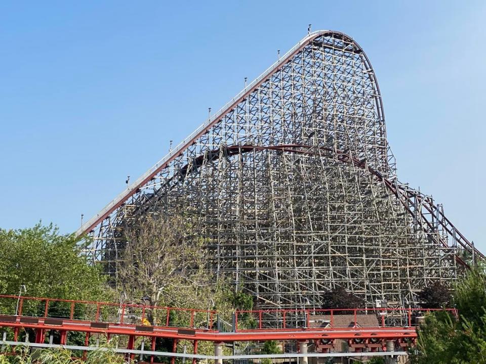 Constructed of wood supports and steel tracks, the Steel Vengeance roller coaster at Cedar Point reaches a height of 205 feet and a speed of 74 mph. Riders are turned upside down four times and experience weightlessness.