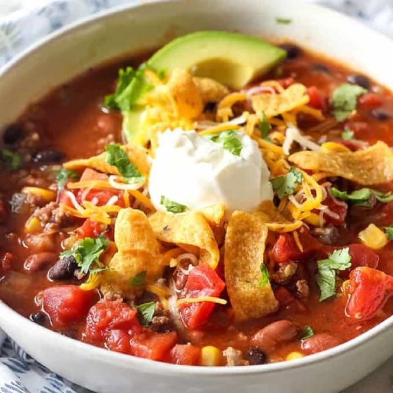 <p>It’s always a crowd-pleaser, especially on a chilly day! </p><p><strong>Get the recipe: </strong><a href="https://belleofthekitchen.com/slow-cooker-taco-soup-recipe/" rel="nofollow noopener" target="_blank" data-ylk="slk:Slow Cooker Taco Soup;elm:context_link;itc:0;sec:content-canvas" class="link rapid-noclick-resp"><strong>Slow Cooker Taco Soup</strong></a></p>