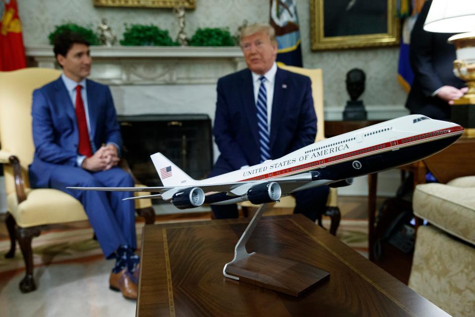 A model of the new Air Force One with Donald Trump’s chosen colour scheme was prominently displayed in the Oval Office during his administration. (Copyright 2019 The Associated Press. All rights reserved.)