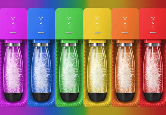 Six SodaStream beverage makers in rainbow colors.