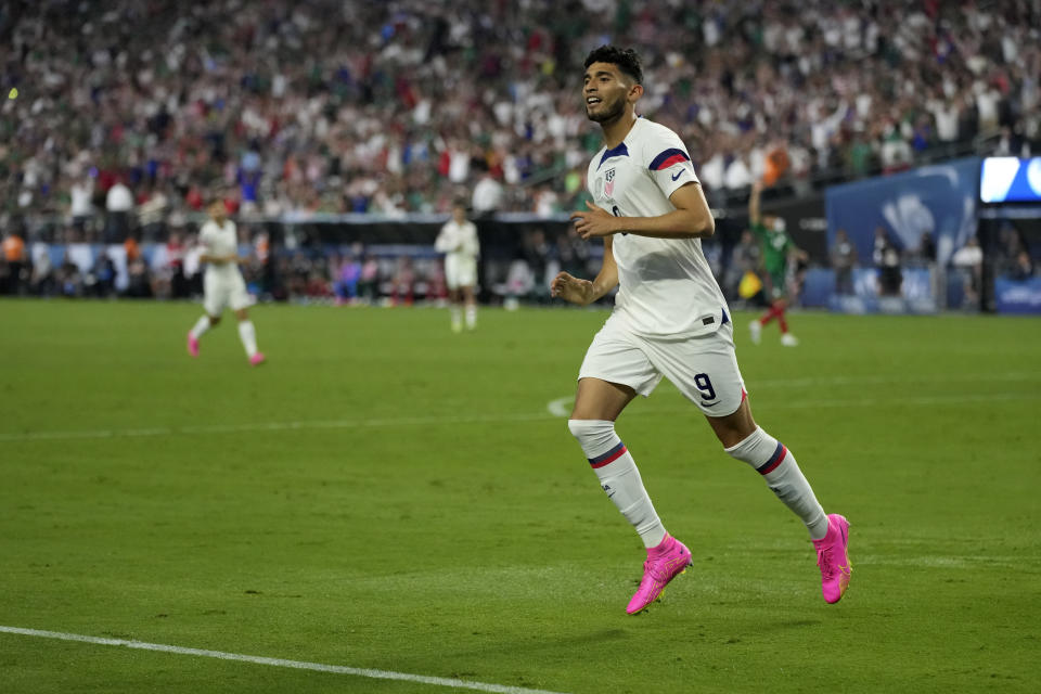 Ricardo Pepi of the United States celebrates after scoring against Mexico during the second half of a CONCACAF Nations League semifinals soccer match Thursday, June 15, 2023, in Las Vegas. (AP Photo/John Locher)