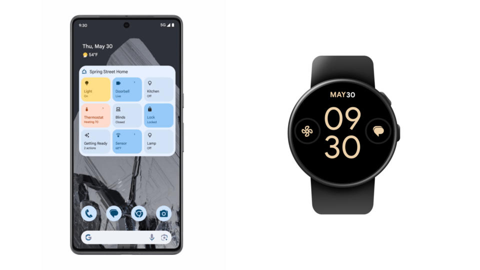 Links: een Pixel-telefoon met een Google Home-widget op het startscherm.  Rechts: Pixel Watch met Google Home-complicatie (ventilatorpictogram) links van de tijd.