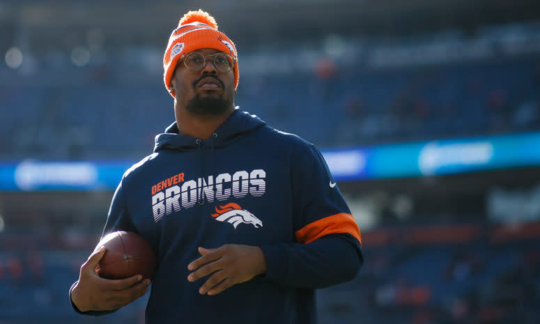 Von Miller on the field for the Broncos.