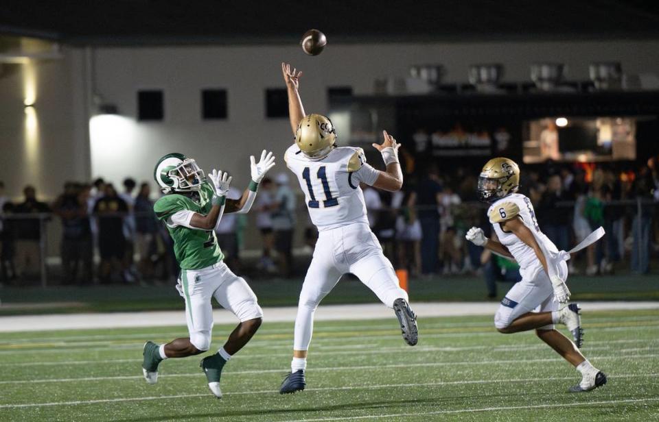 Central Catholic’s Tyler Wentworth reaches up for an interception during the game with St. Mary’s in Stockton, Calif., Friday, August 25, 2023. St. Mary’s won the game 42-33.