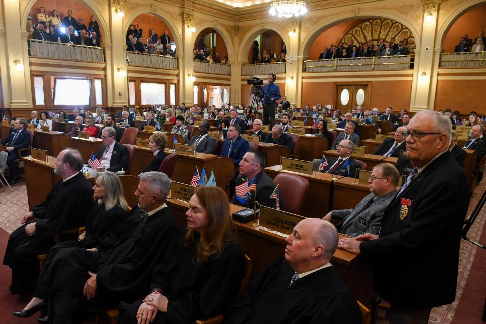 Legislators listen to Gov. Kristi Noem speak during the State of the State address on Tuesday, Jan. 9, 2024 at South Dakota State Capitol in Pierre.