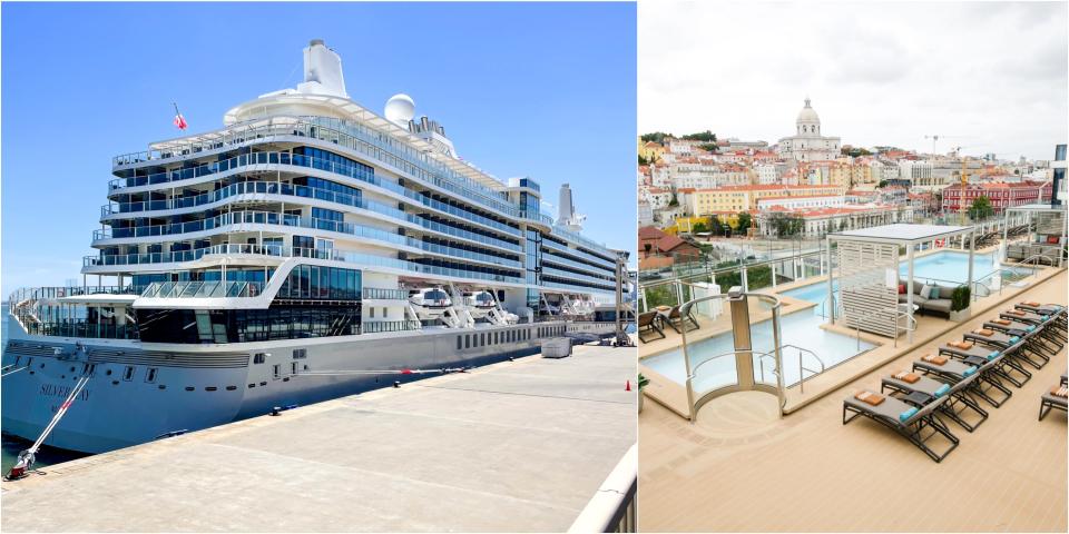 composite of silver ray cruise ship and pool deck