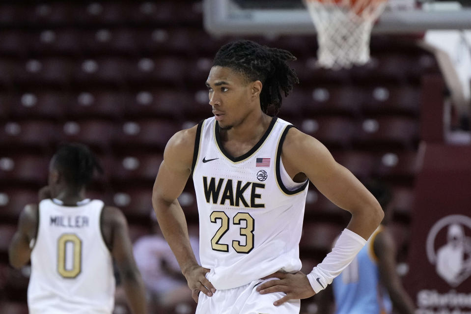 Nov 17, 2023; Charleston, SC, USA; Wake Forest Demon Deacons guard Hunter Sallis (23) on the court in the second half against the Towson Tigers at TD Arena. David Yeazell-USA TODAY Sports